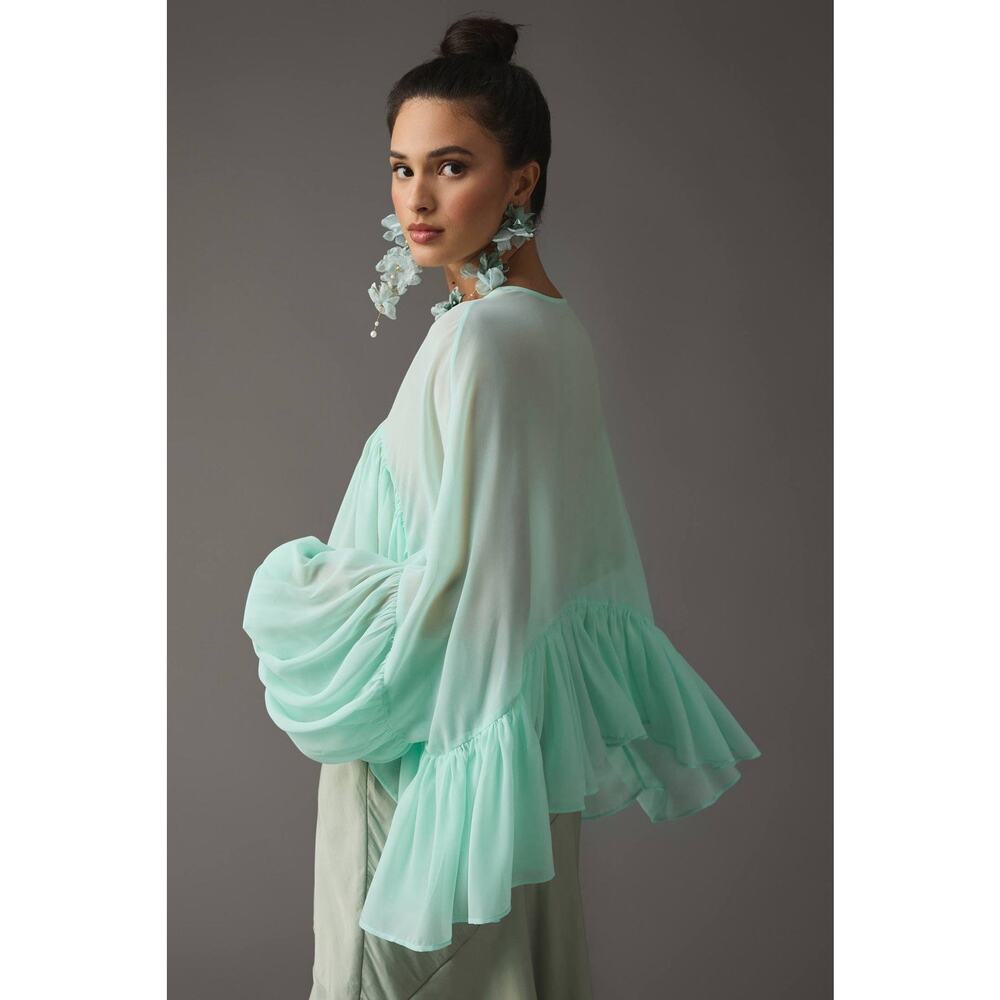 Anthropologie Mint Green Ruffle Crop Blouse - Picture 3 of 13